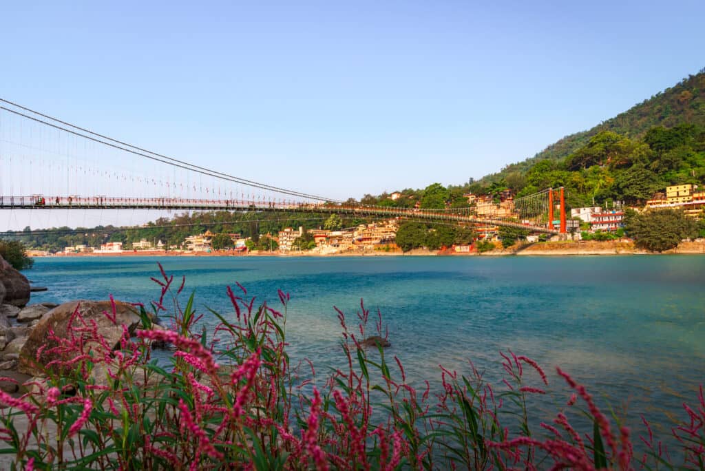 Panoramic cityscape of Rishikesh along the banks of Ganga River in Uttarakhand