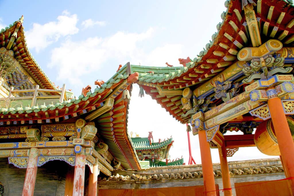 Colorful wooden roofs at the Winter palace in Ulaanbaatar, Mongolia