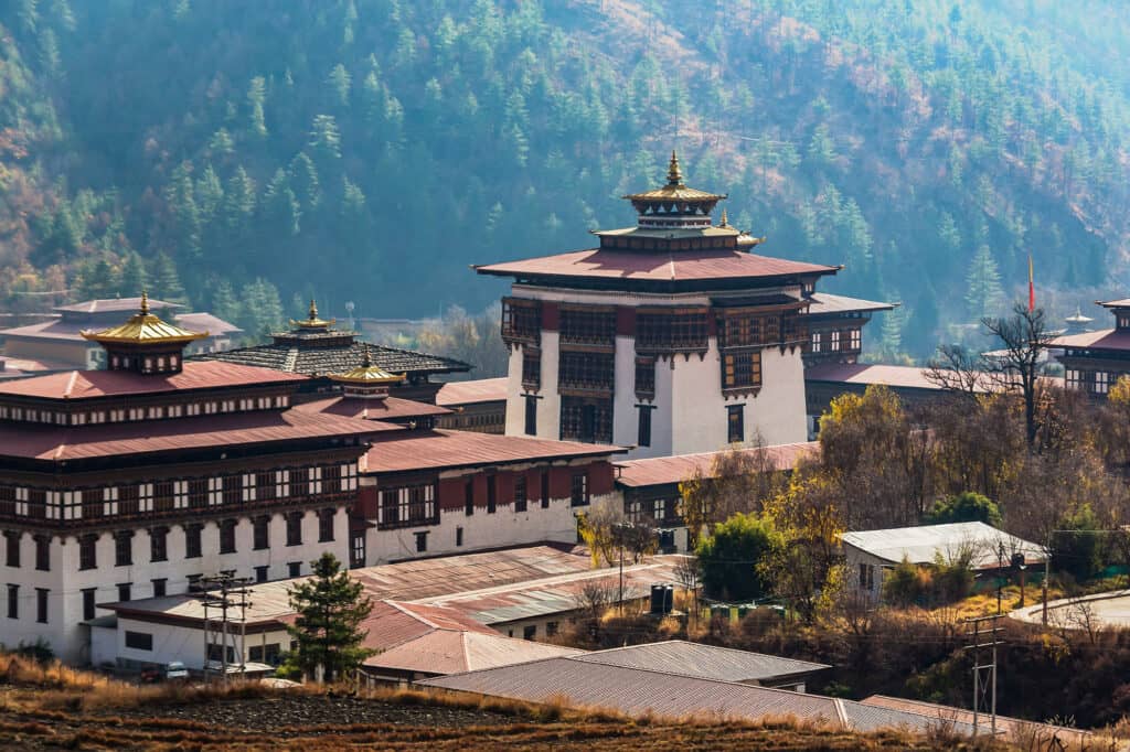 Tashichho Dzong is a Buddhist monastery and fortress on the northern edge of the city of Thimphu in Bhutan