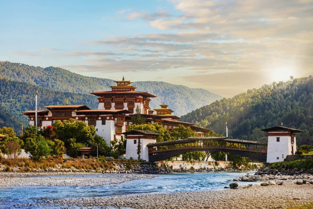 Punakha Dzong at the Mo Chhu river in Bhutan